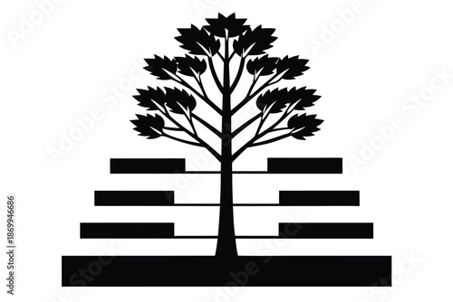 Black and white tree silhouette showing progression through marked levels