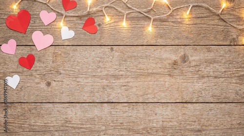 Valentines day copy space background with string lights and paper hearts on wood texture