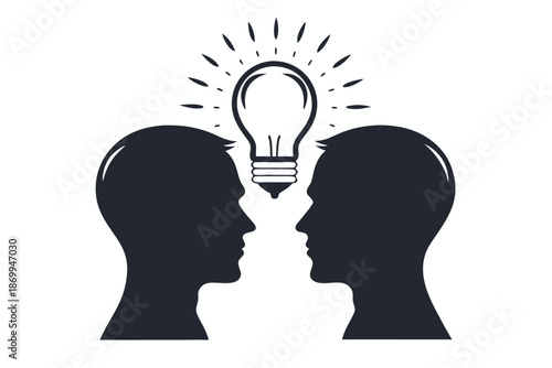 Side-by-side profile view of two heads with a single bright lightbulb overhead, signifying shared concepts and collective genius.