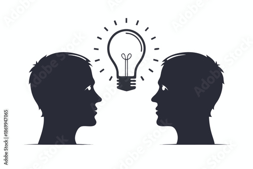 Silhouette of two heads side-by-side, illuminated by a central lightbulb, representing shared insight and unified inspiration.