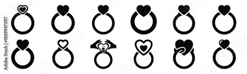 Collection of love promise ring silhouette icon set. Happy valentines day icons black silhouette illustration art