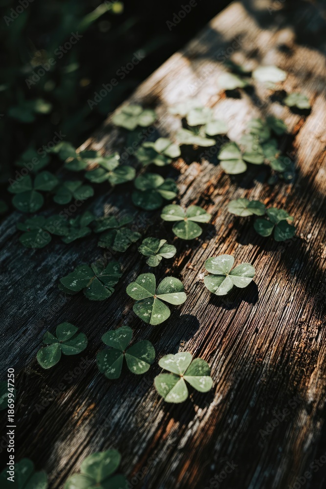 Obraz premium Four-leaf clovers spread across a sunlit, weathered wooden plank. Concept Nature photography, Four-leaf clovers, Sunlit textures, Weathered wood, Macro close-up