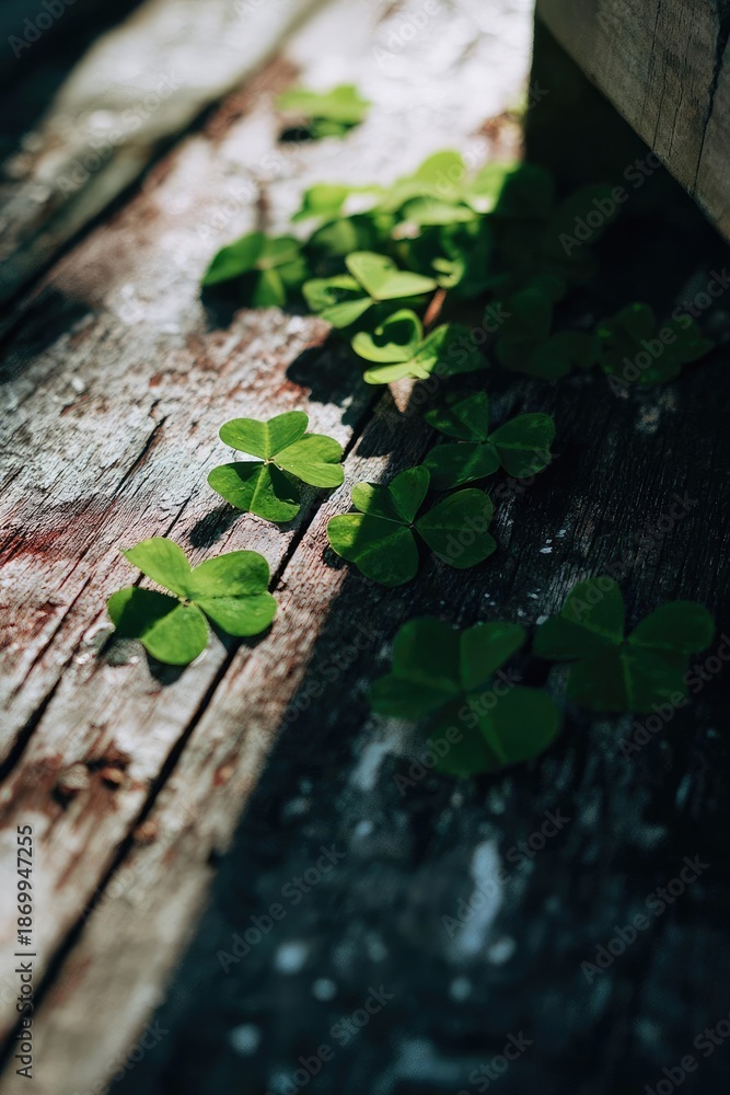 Fototapeta premium Green clover leaves growing along a weathered wooden plank. Concept Macro close-up of green clover leaves on a weathered wooden plank, Rustic wood texture with clover growth