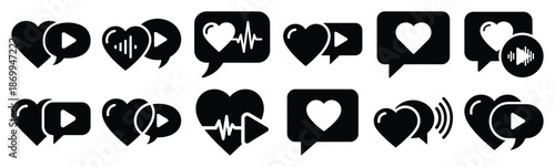 Collection of love voice message silhouette icon set. Happy valentines day icons black silhouette illustration art