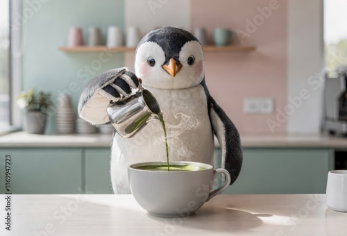 Penguin Plush Barista Pouring Green Tea Into Cup in Colorful Kitchen Setting Bright Morning Scene