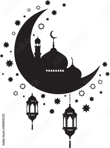 Islamic Mosque Silhouette on Crescent Moon with Lanterns and Stars Illustration