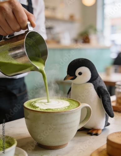 Matcha Latte Pour In Cozy Café With Plush Penguin Mascot