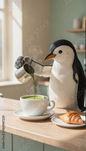 Whimsical Penguin Pouring Green Tea In Cozy Kitchen With Croissant On Counter Morning Setting