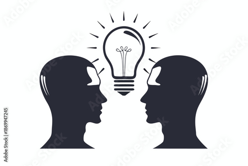 Two facing profiles connected by a radiant lightbulb, symbolizing the power of shared imagination and collaborative discovery.
