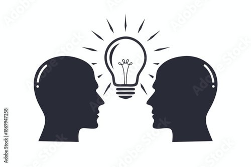 Two heads in silhouette, linked by a bright, symbolic lightbulb, representing collective thinking and unified inspiration.