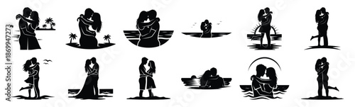 Collection of romantic beach couple silhouette icon set. Happy valentines day icons black silhouette illustration art