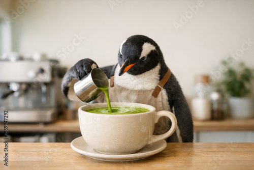 Penguin Barista Makes Green Matcha Latte In Cozy Café With Apron