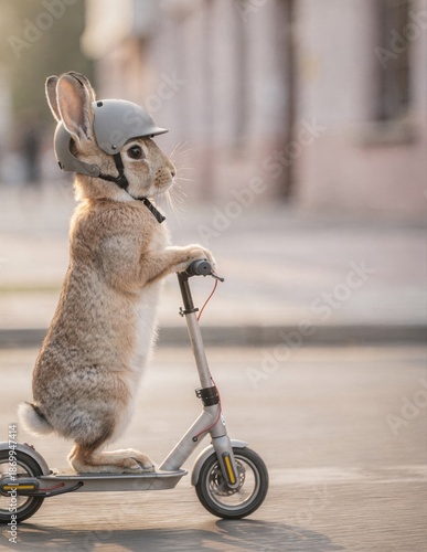Playful Rabbit Rides a Scooter Wearing Helmet in Sunny Street—Whimsical Urban Moment