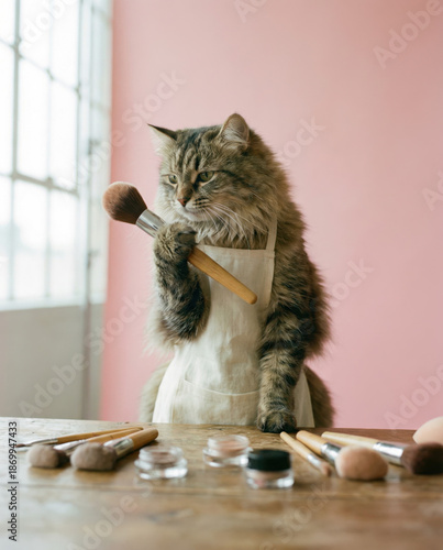 Cat In Apron Holding Makeup Brush In A Soft Pink Studio Creating A Playful Beauty Scene