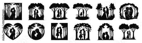 Collection of romantic forest couple silhouette icon set. Happy valentines day icons black silhouette illustration art