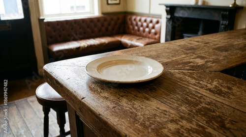 Empty plate on a wooden table or bar