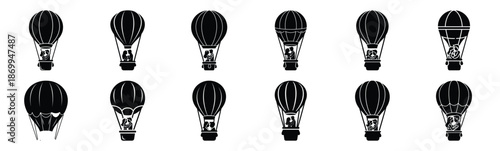 Collection of romantic hot air balloon silhouette icon set. Happy valentines day icons black silhouette illustration art