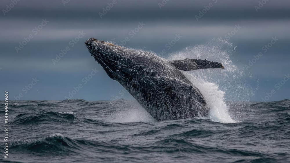 Fototapeta premium Whale breaching from the ocean, spray flying as its tail lifts above the water. Concept Majestic whale breach with tail lifting above ocean spray, Dramatic cetacean leap with water mist in sunlight