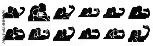 Collection of valentine couple selfie silhouette icon set. Happy valentines day icons black silhouette illustration art