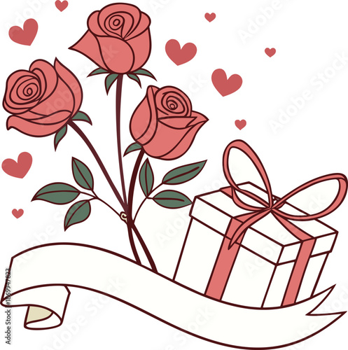 Red roses tied with a ribbon in a romantic floral illustration style