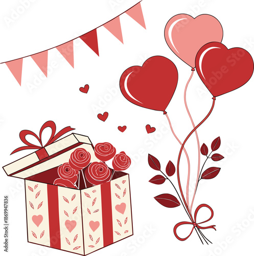 Valentines day card design with a gift box filled with hearts in a romantic pink and red style