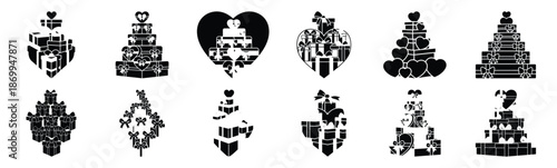 Collection of valentine heart shaped gift silhouette icon set. Happy valentines day icons black silhouette illustration art