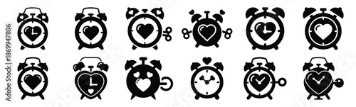 Collection of valentine love alarm clock silhouette icon set. Happy valentines day icons black silhouette illustration art