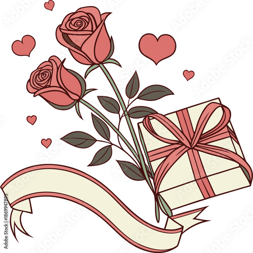 Valentine card design featuring red roses and hearts in a romantic floral style