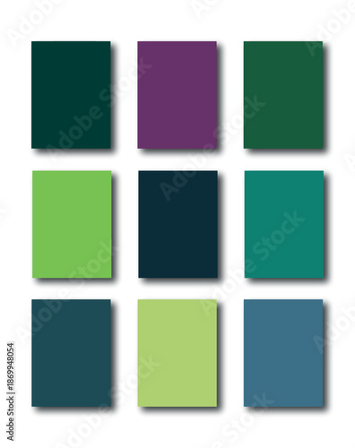 Grid of flat color palette squares with soft shadows. Abstract color selection layout. Paper 