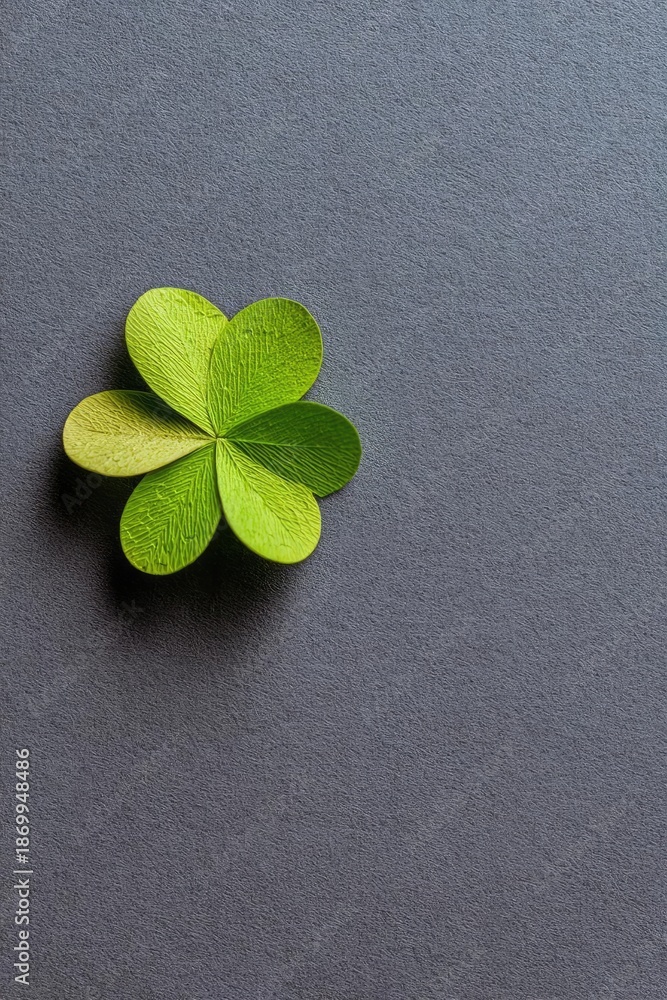 Naklejka premium four-leaf clover on a gray textured background Concept Four-leaf Clover, Gray Textured Background, Macro Close-Up, Green Plant Detail, Lucky Symbol