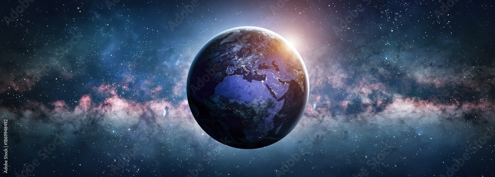 Fototapeta premium Planet Earth globe at night in the space with milky way galaxy on background. Blue planet. Wide space wallpaper. Deep space and stars on background. Elements of this image furnished by NASA. Not AI