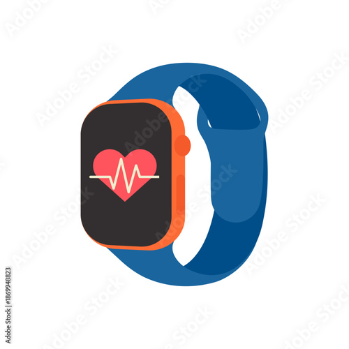 Fitness smartwatch displaying a heart and an electrocardiogram line in blue and orange shades. Flat vector illustration isolated on a white background.