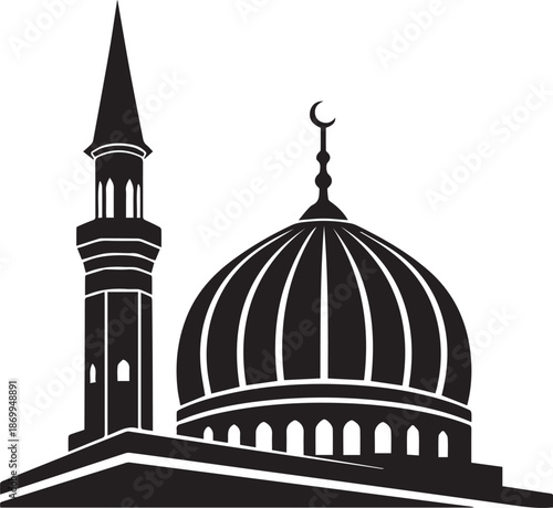 Mosque silhouette with minaret and dome under crescent moon
