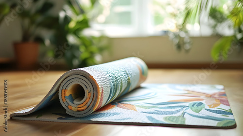 Vibrant yoga mat on wooden floor with plants nearby
