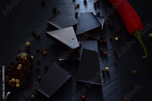 Tableau sur toile Chocolate chunks with peppercorns and red pepper closeup