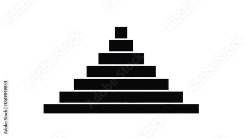 Geometric pyramid shape made of black rectangular blocks on white background, simple abstract structure, modern design element