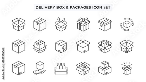 Delivery Box and Package Line Icon Set – Shipping, Logistics and Packaging Symbols Vector