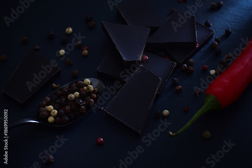 Foto Dark chocolate with red pepper and peppercorns