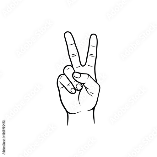 Minimalist Hand Making “V” Sign Line Drawing Vector Illustration Isolated on White Background, Victory or Peace Gesture for Icon, Sticker, and Clip Art Use