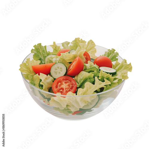 Fresh Salad With Tomatoes and Cucumbers in a Clear Bowl on a White Background