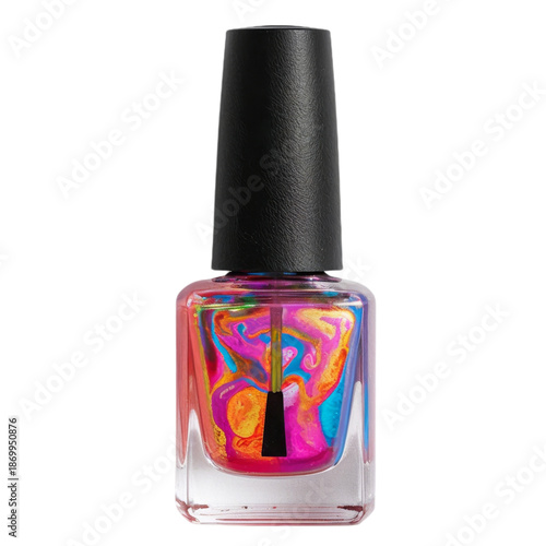 Nail Polish Bottle With Colorful Liquid Swirls Under Bright Light