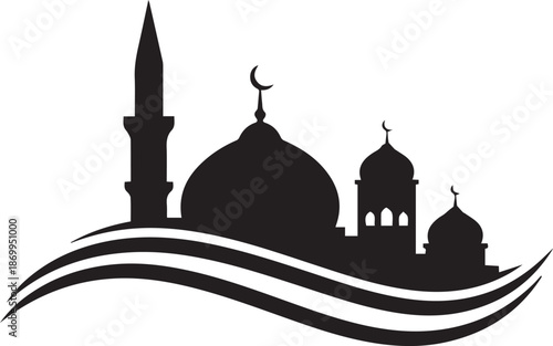 Silhouette of a mosque with crescent moon on a wavy landscape