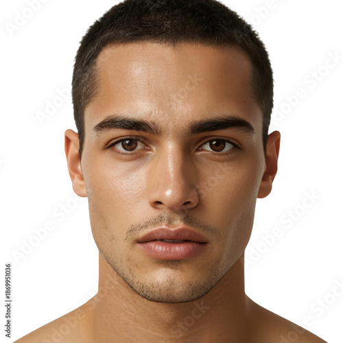 Man With Beard Wearing Brown Suit and White Shirt Looks Directly at Camera Wi...