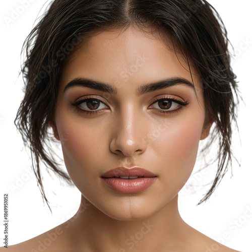 Young Woman With Natural Makeup and Neutral Expression in Front of a Light Ba...