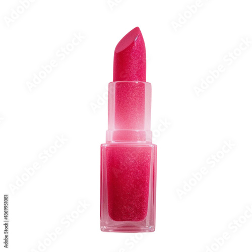 Lipstick in a Silver Tube With a Red and Pink Gradient, Placed on a Neutral B...