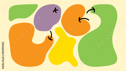  fruit illustrations in unusual forms. Colorful retro cartoon style, playful forms, bold colors and artistic 90s vibe.