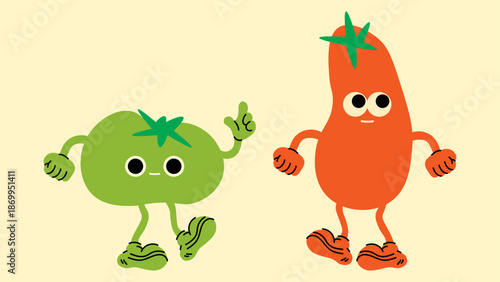 Tomato characters in cartoon style. Funny vegetable personalities with bold shapes for stickers, posters, and prints.