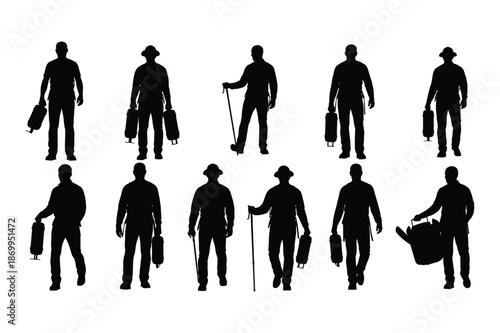 Silhouette collection of travelers with luggage and walking sticks