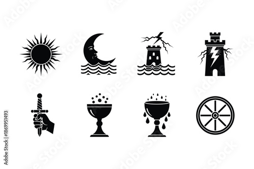 Mystical symbols: sun, moon, castles, sword, chalices, wheel