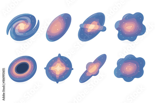 Space theme flat icon set. featuring galaxy, nebula, star, planet, black hole, cosmos, universe, and spiral.
